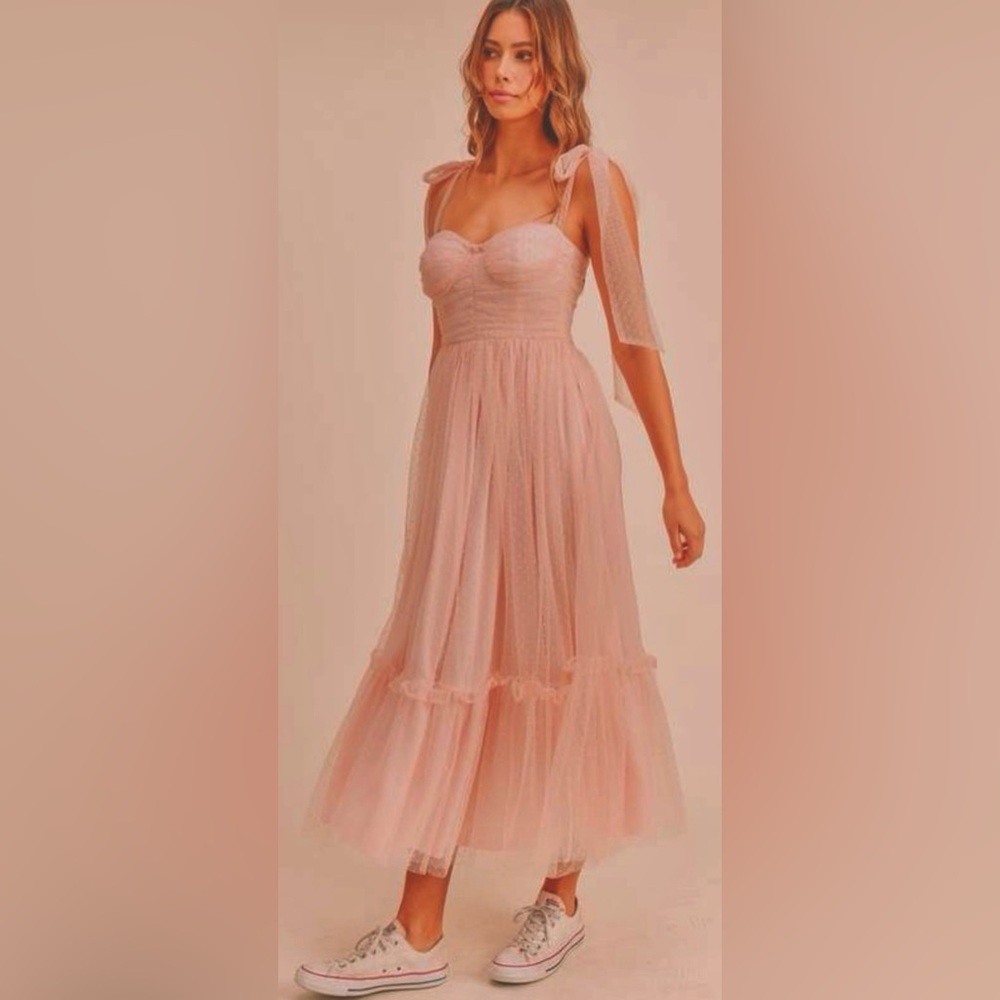 Mable Brynlee Tulle Lace Swiss Dot Midi Dress in Blush Pink Size L  NWT